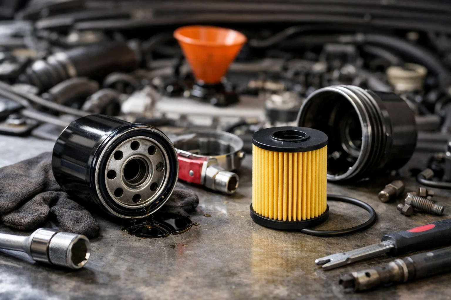 Comparaison filtre huile vissé spin-on boîtier métallique vs cartouche élément filtrant seul boîtier plastique moteur voiture