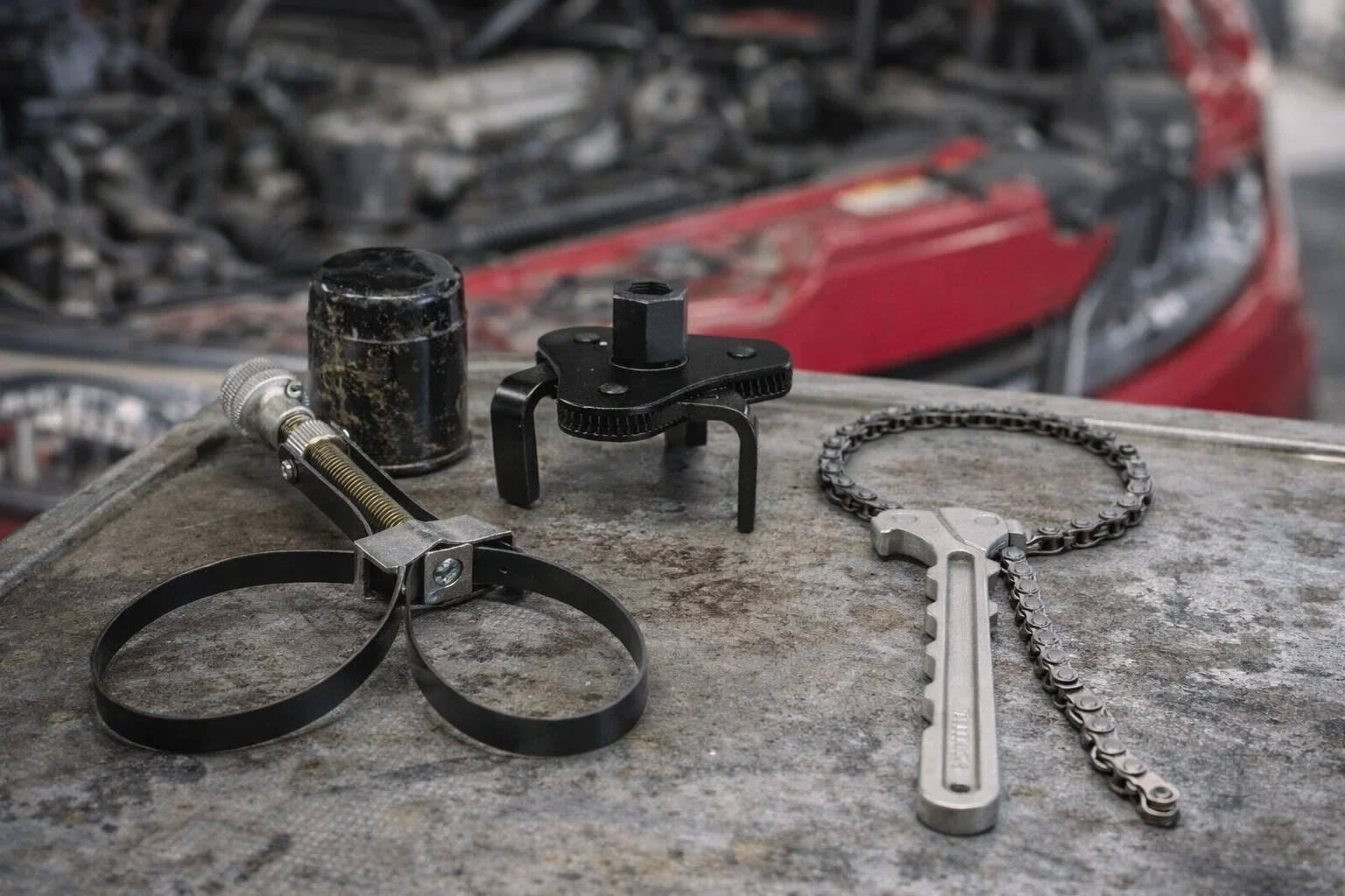 Comparatif clés filtre à huile clé sangle vs clé cloche vs griffes vs chaîne outil vidânge démontage filtre vissé cartouche