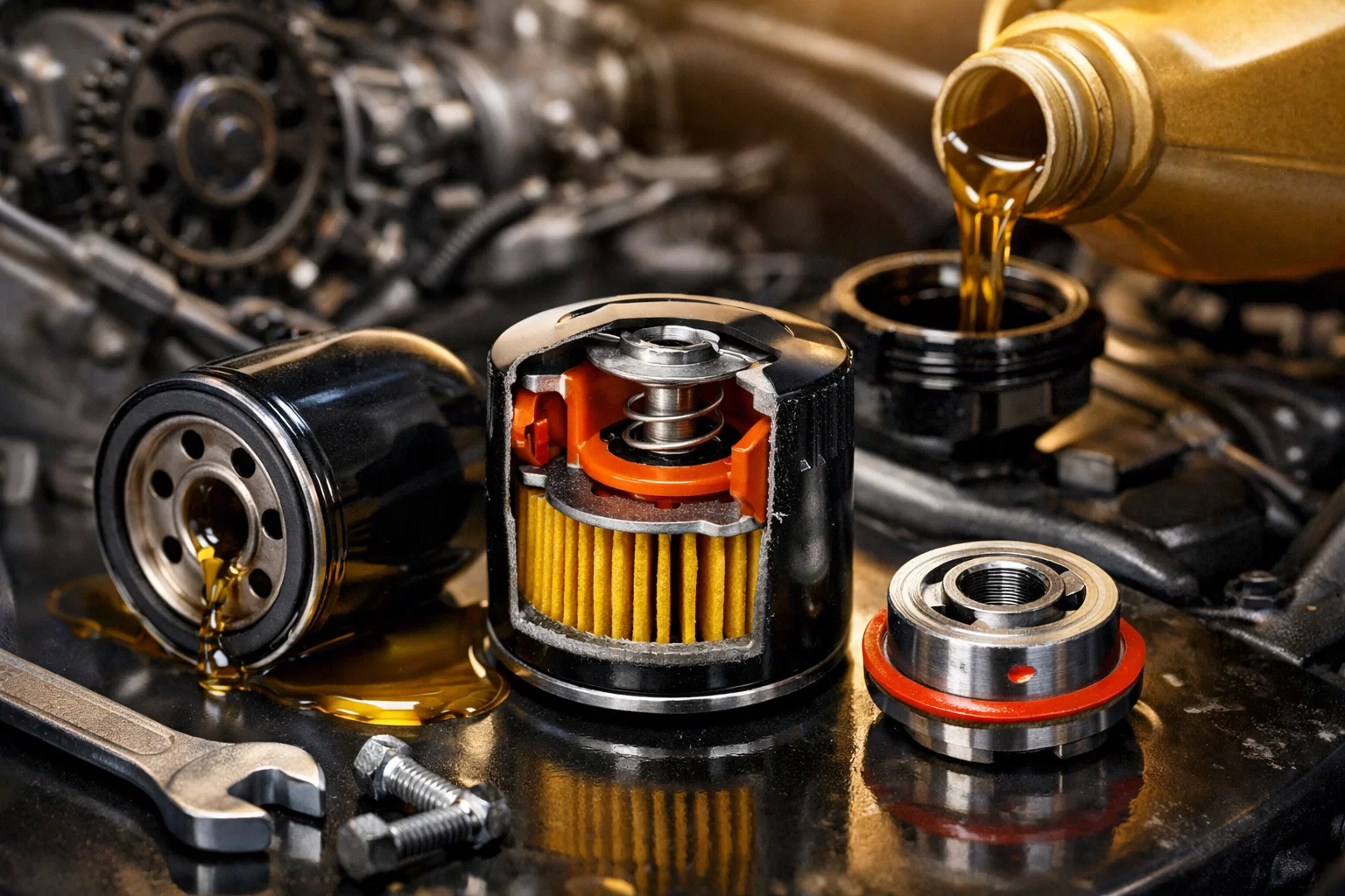 Coupe filtre à huile vissé membrane caoutchouc soupape anti-retour position fermée arrêt moteur protection démarrage