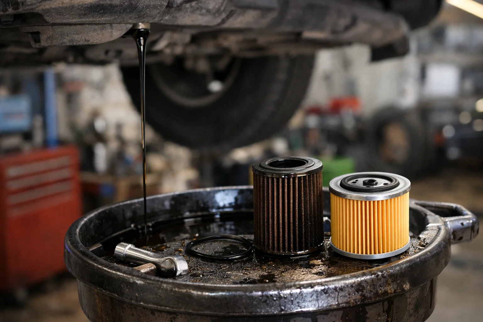 Filtre à huile saturé coupe média filtrant encrasé impuretés accumulées risque contamination huile neuve vidange